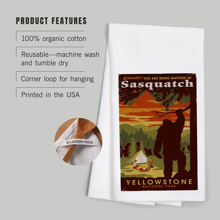 Yellowstone National Park, You Are Being Watched By Sasquatch, Organic Cotton Kitchen Tea Towels Kitchen Lantern Press 