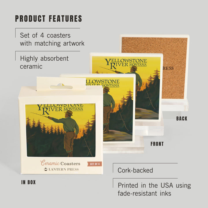 Yellowstone River, Montana, Fly Fishing Scene, Coasters Coasters Lantern Press 