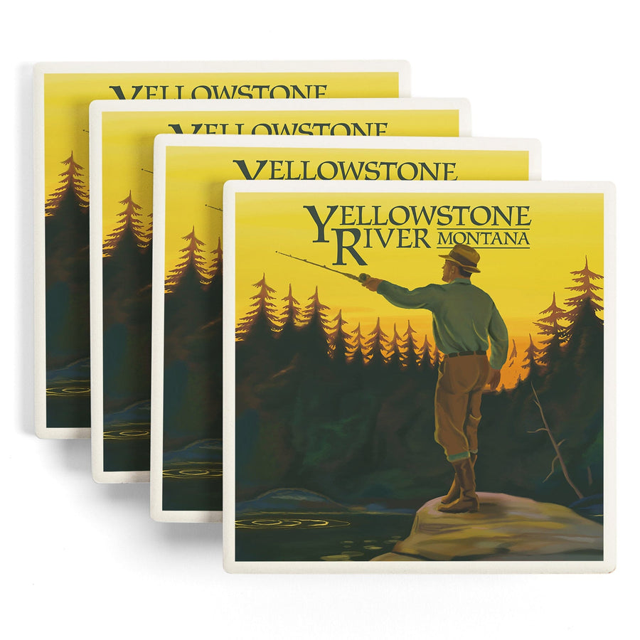 Yellowstone River, Montana, Fly Fishing Scene, Lantern Press Artwork, Coaster Set Coasters Lantern Press 