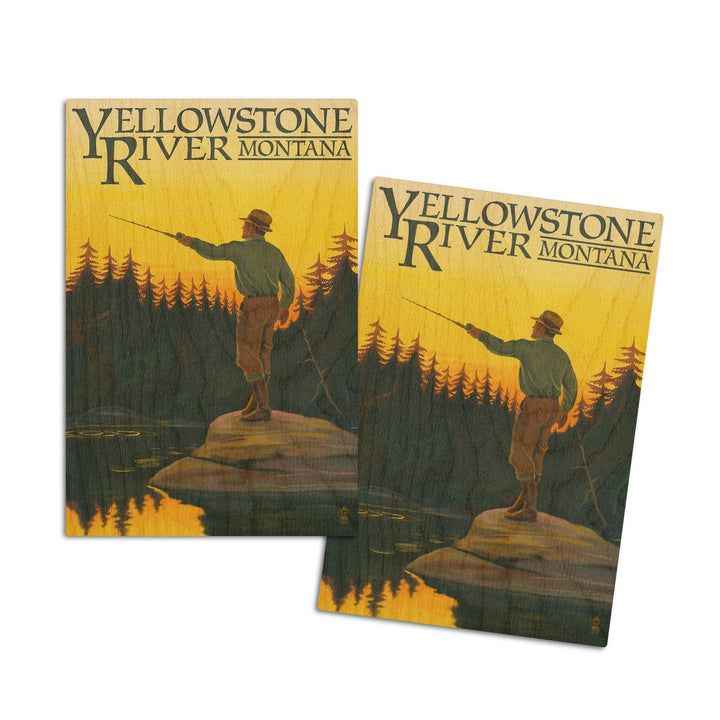 Yellowstone River, Montana, Fly Fishing Scene, Lantern Press Artwork, Wood Signs and Postcards Wood Lantern Press 4x6 Wood Postcard Set 