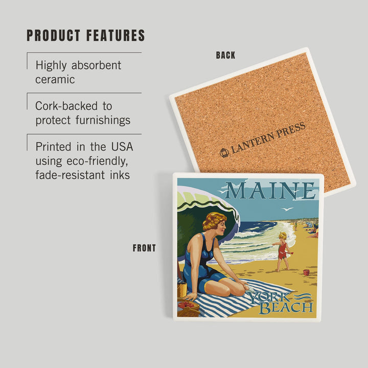 York Beach, Maine, Beach Scene, Coasters Coasters Lantern Press 