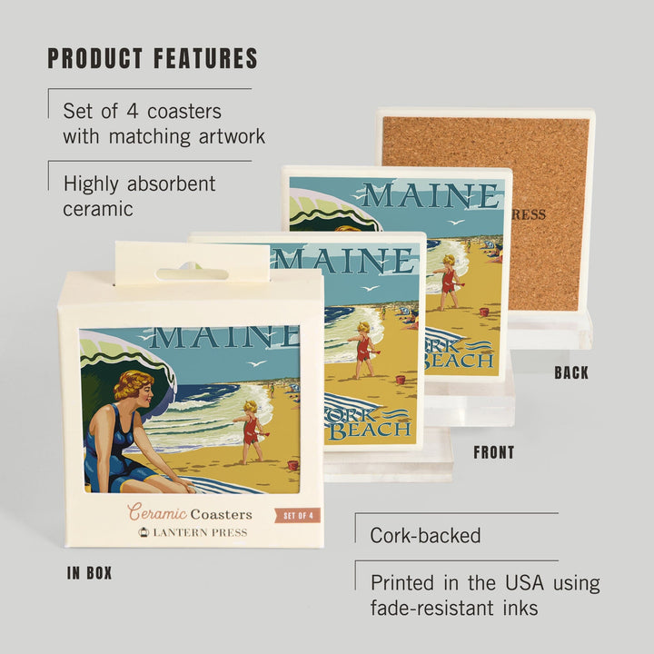 York Beach, Maine, Beach Scene, Lantern Press Artwork, Coaster Set Coasters Lantern Press 