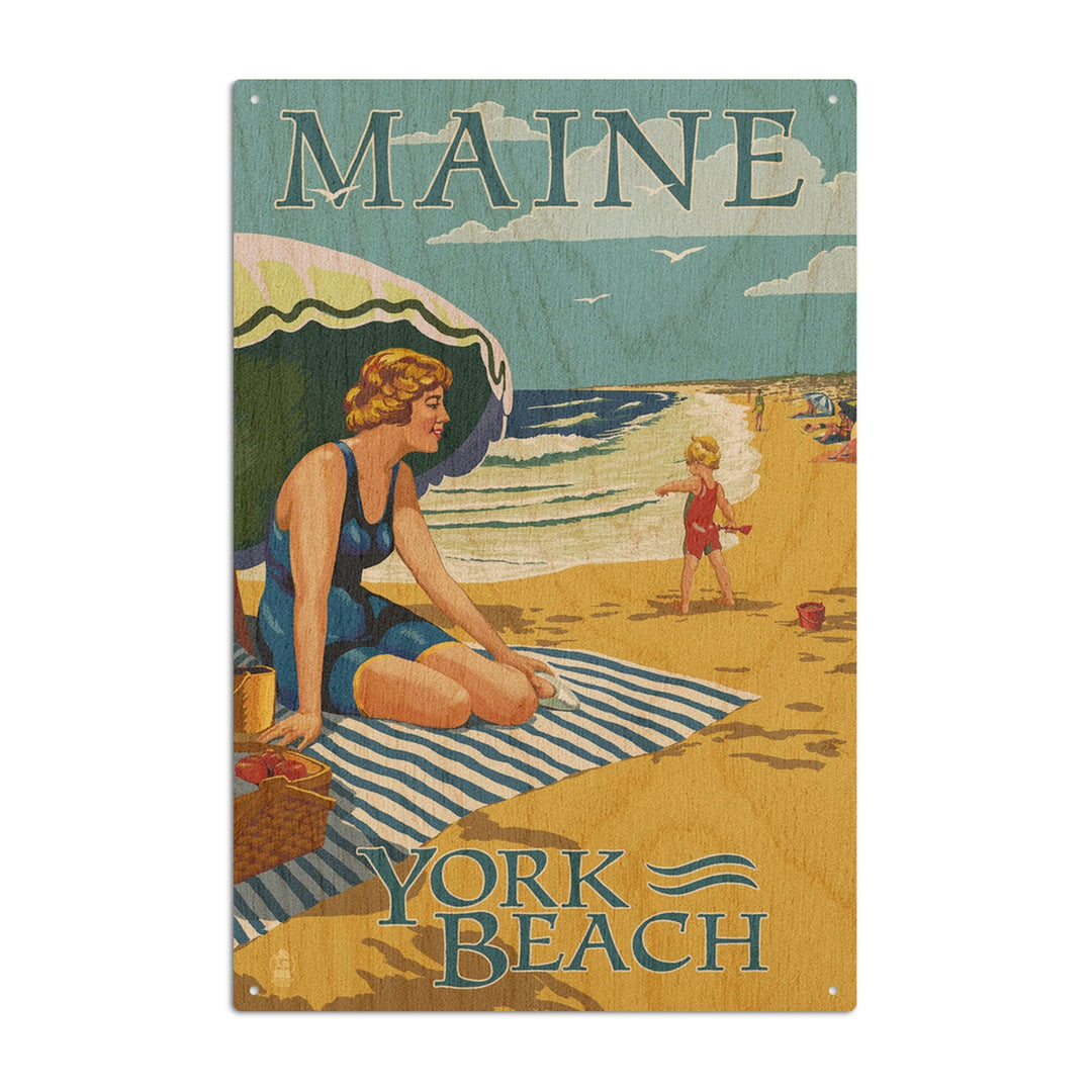 York Beach, Maine, Beach Scene, Lantern Press Artwork, Wood Signs and Postcards Wood Lantern Press 10 x 15 Wood Sign 