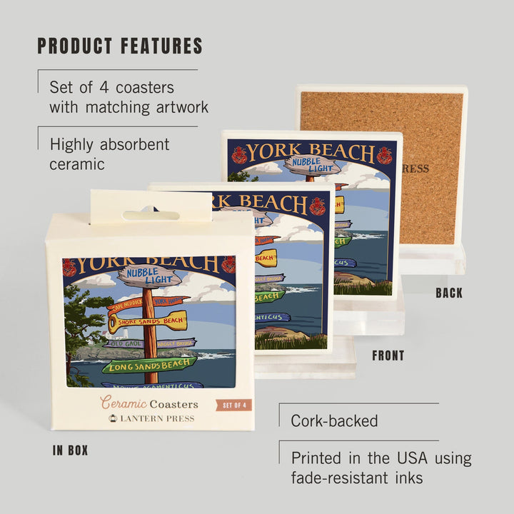 York Beach, Maine, Destinations Sign, Coasters Coasters Lantern Press 