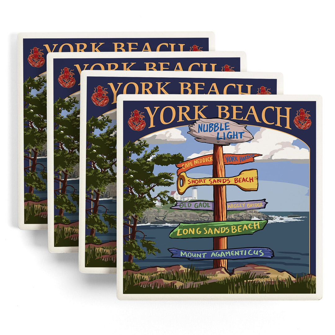 York Beach, Maine, Destinations Sign, Lantern Press Artwork, Coaster Set Coasters Lantern Press 