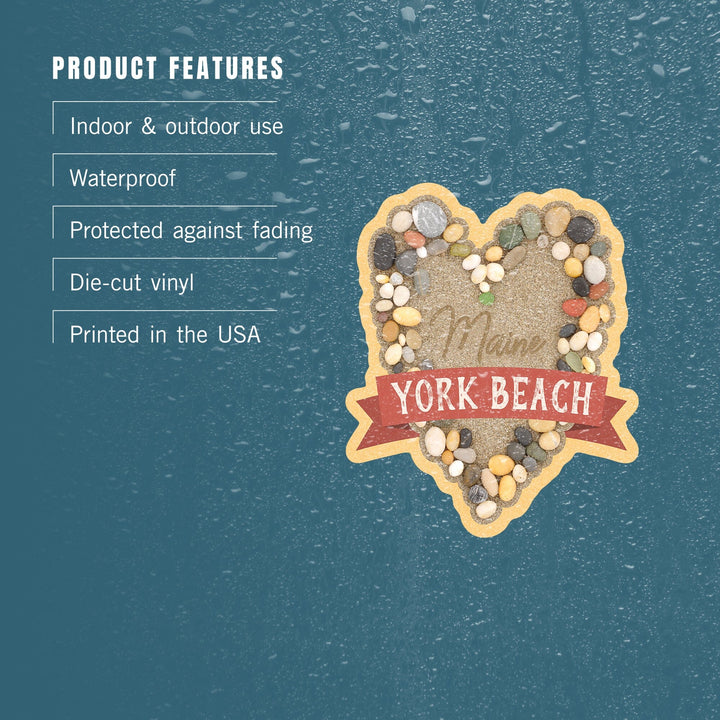 York Beach, Maine, Stone Heart On Sand, Contour, Vinyl Sticker Sticker Lantern Press 