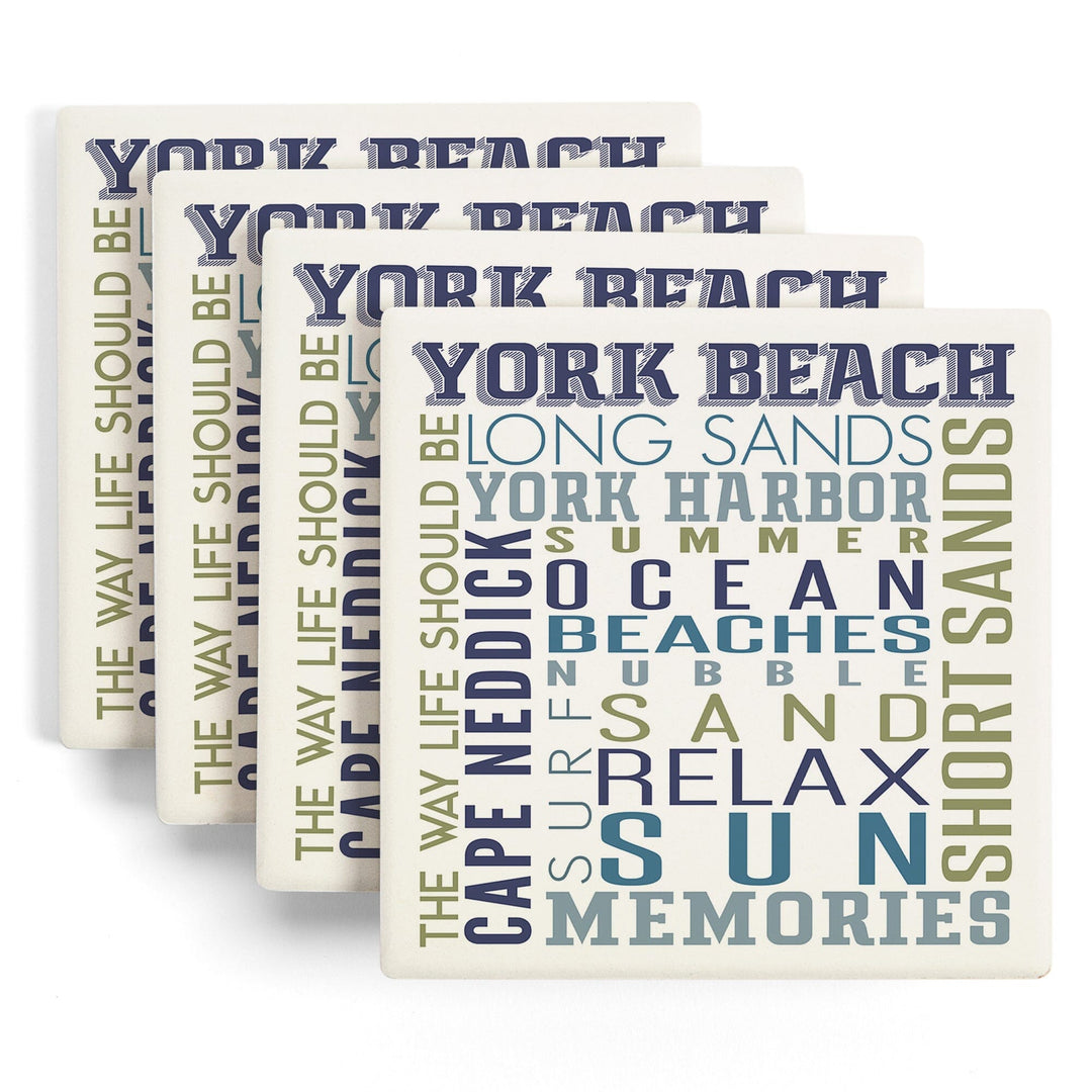 York Beach, Maine, Typography, Lantern Press Artwork, Coaster Set Coasters Lantern Press 