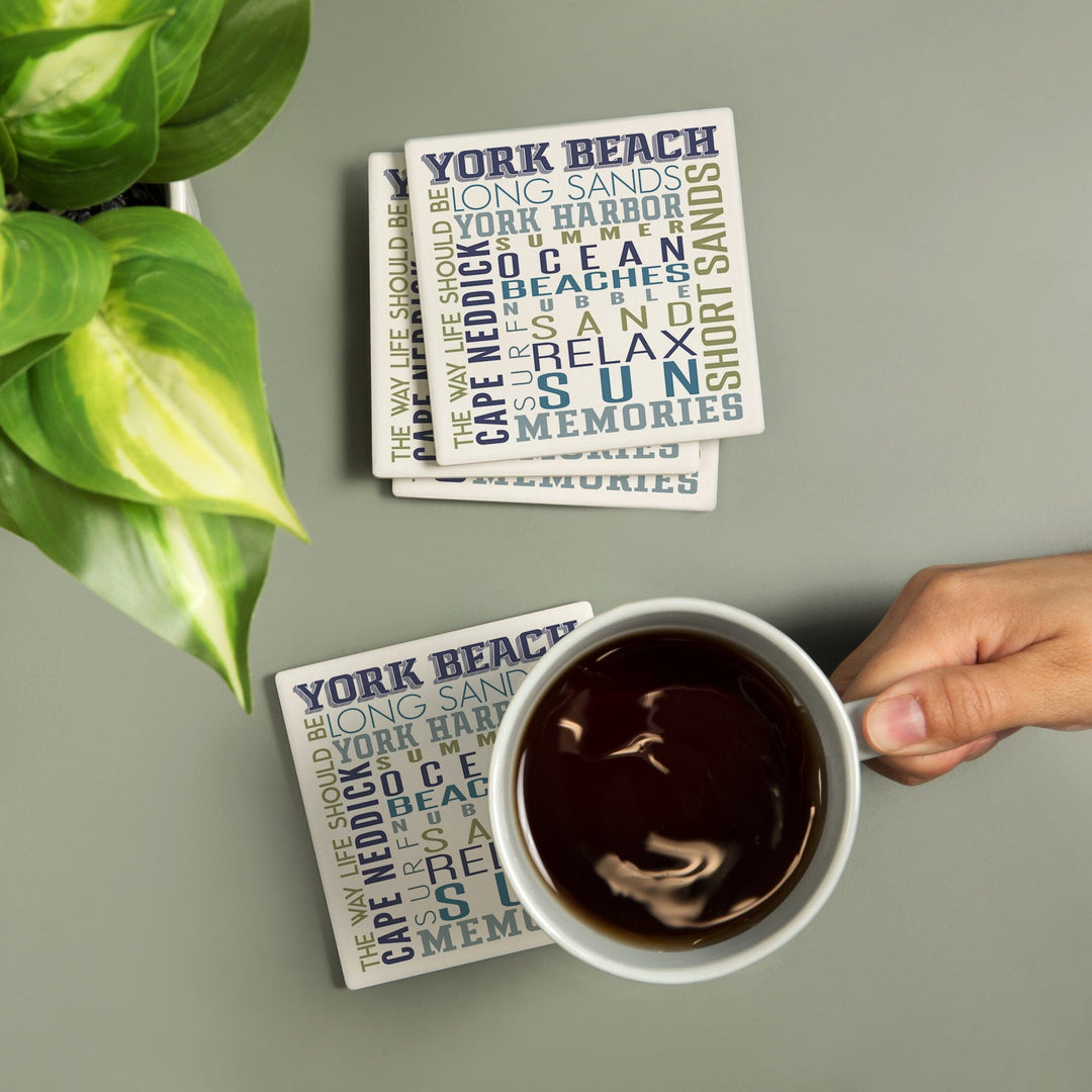 York Beach, Maine, Typography, Lantern Press Artwork, Coaster Set Coasters Lantern Press 