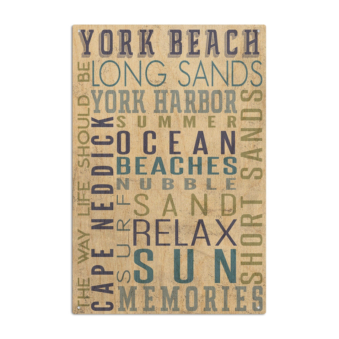 York Beach, Maine, Typography, Lantern Press Artwork, Wood Signs and Postcards Wood Lantern Press 10 x 15 Wood Sign 