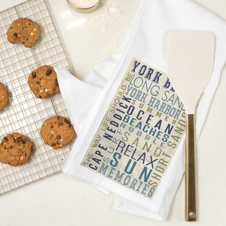 York Beach, Maine, Typography, Organic Cotton Kitchen Tea Towels Kitchen Lantern Press 