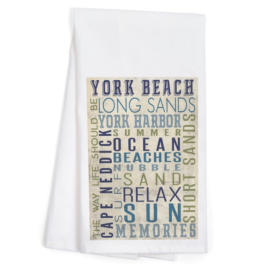 York Beach, Maine, Typography, Organic Cotton Kitchen Tea Towels Kitchen Lantern Press 