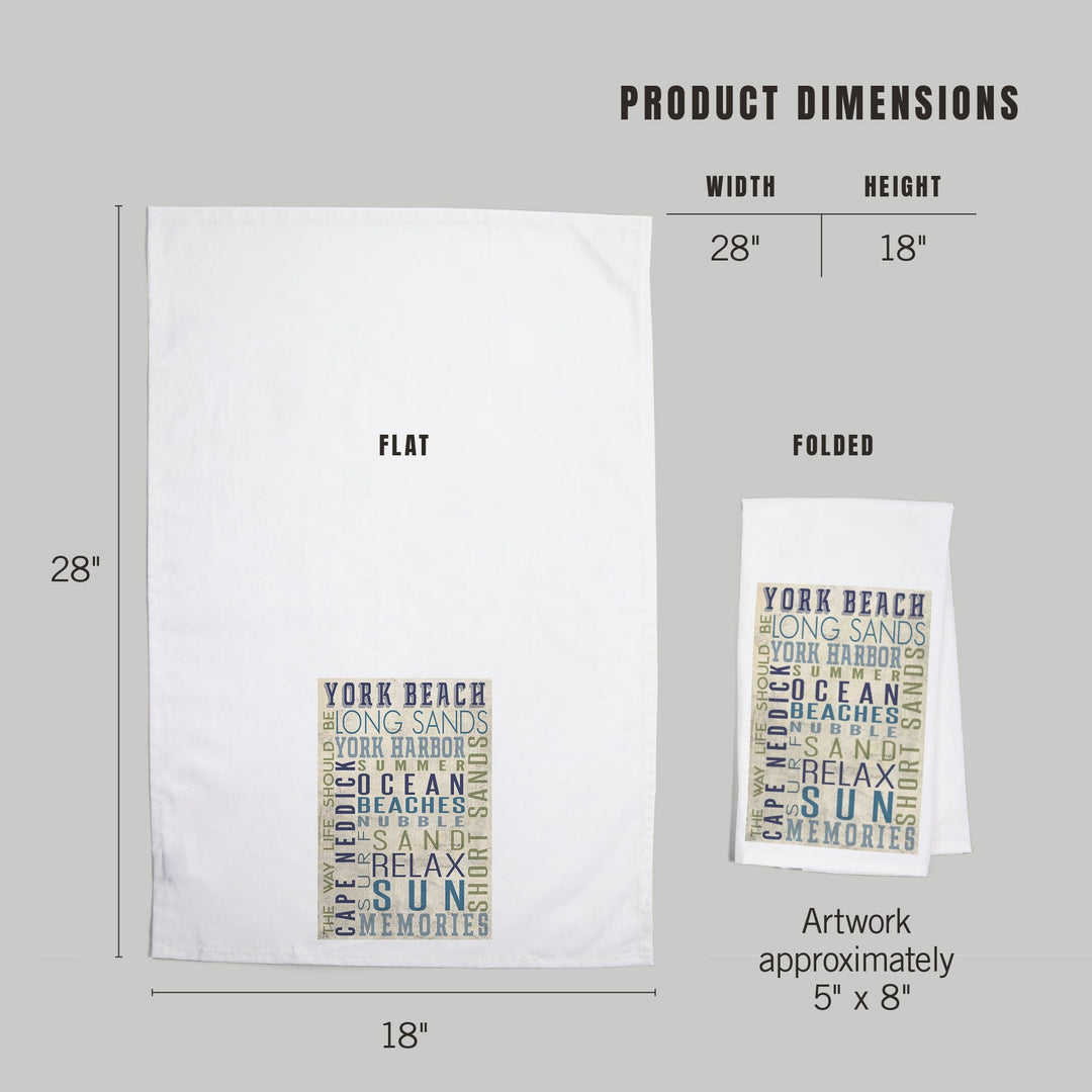 York Beach, Maine, Typography, Organic Cotton Kitchen Tea Towels Kitchen Lantern Press 