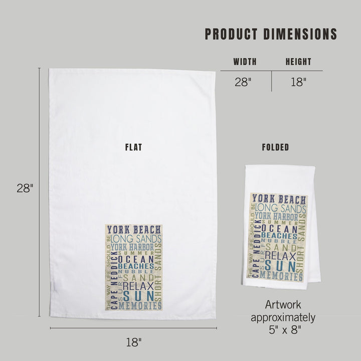 York Beach, Maine, Typography, Organic Cotton Kitchen Tea Towels Kitchen Lantern Press 