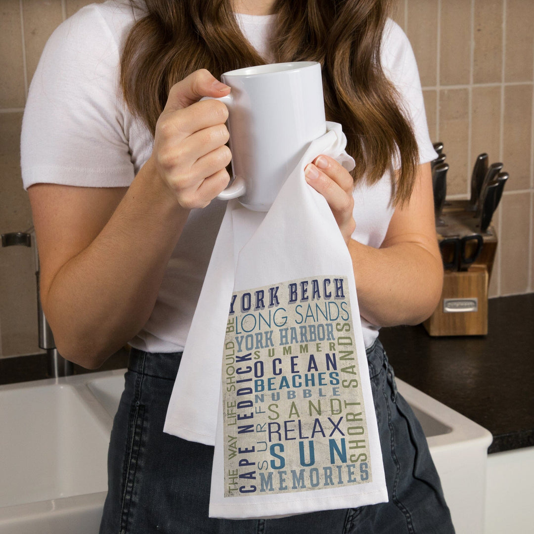York Beach, Maine, Typography, Organic Cotton Kitchen Tea Towels Kitchen Lantern Press 