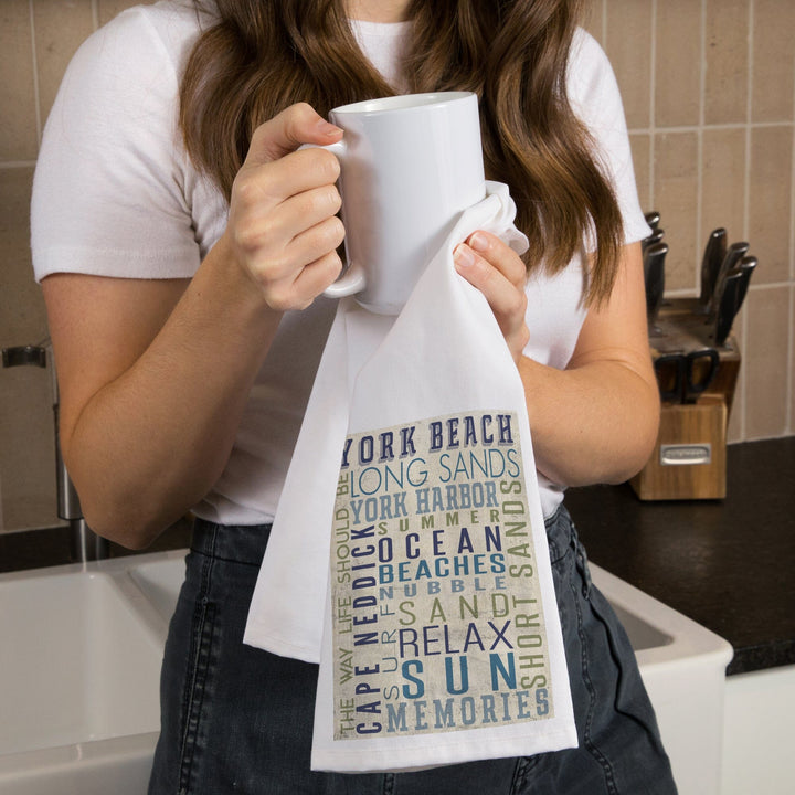 York Beach, Maine, Typography, Organic Cotton Kitchen Tea Towels Kitchen Lantern Press 