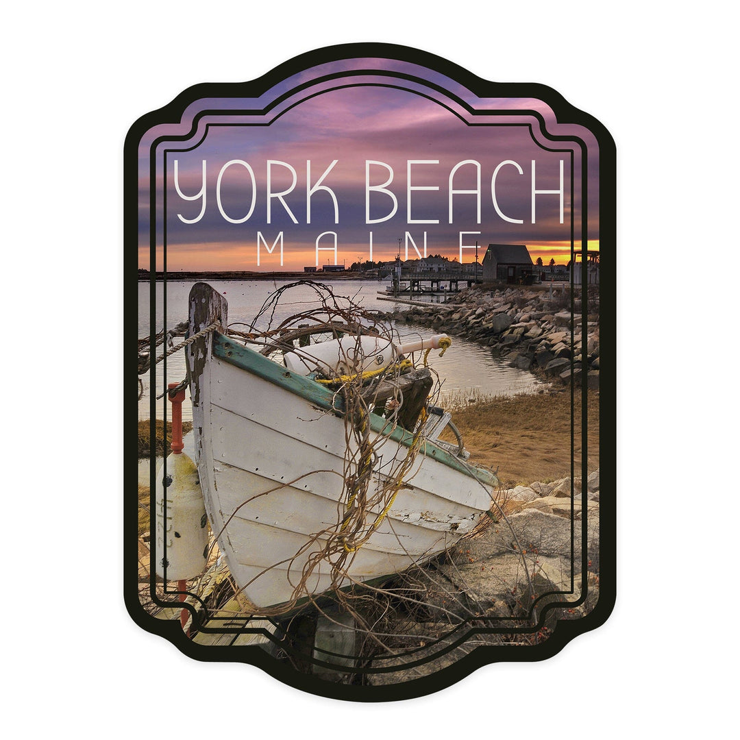 York Beach, Maine, Wooden Boat on Beach, Contour, Vinyl Sticker Sticker Lantern Press 