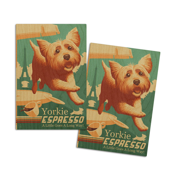 Yorkshire Terrier, Retro Yorkie Espresso Ad, Lantern Press Artwork, Wood Signs and Postcards Wood Lantern Press 4x6 Wood Postcard Set 