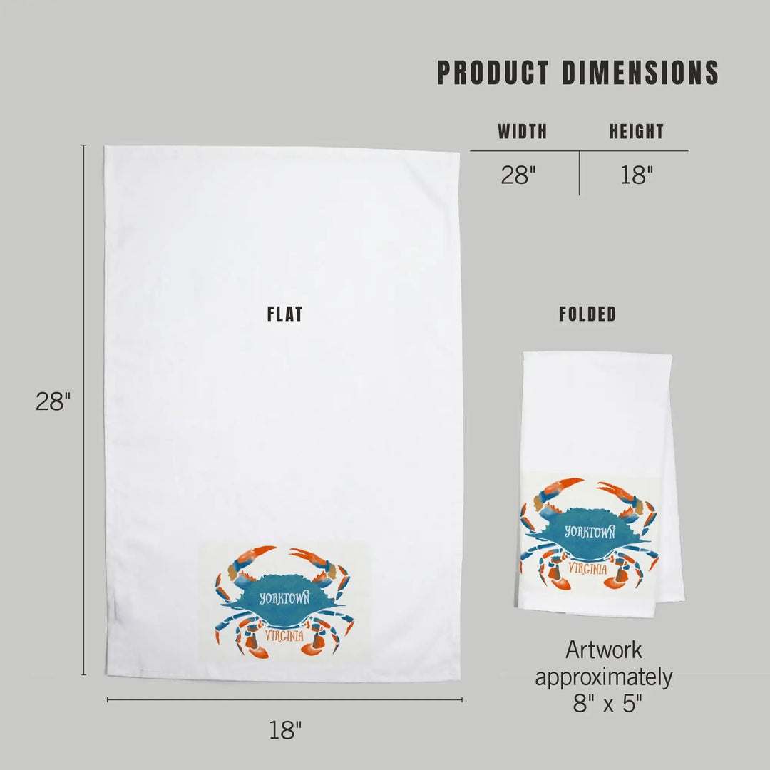 Yorktown, Virginia, Blue Crab, Watercolor, Organic Cotton Kitchen Tea Towels Kitchen Lantern Press 