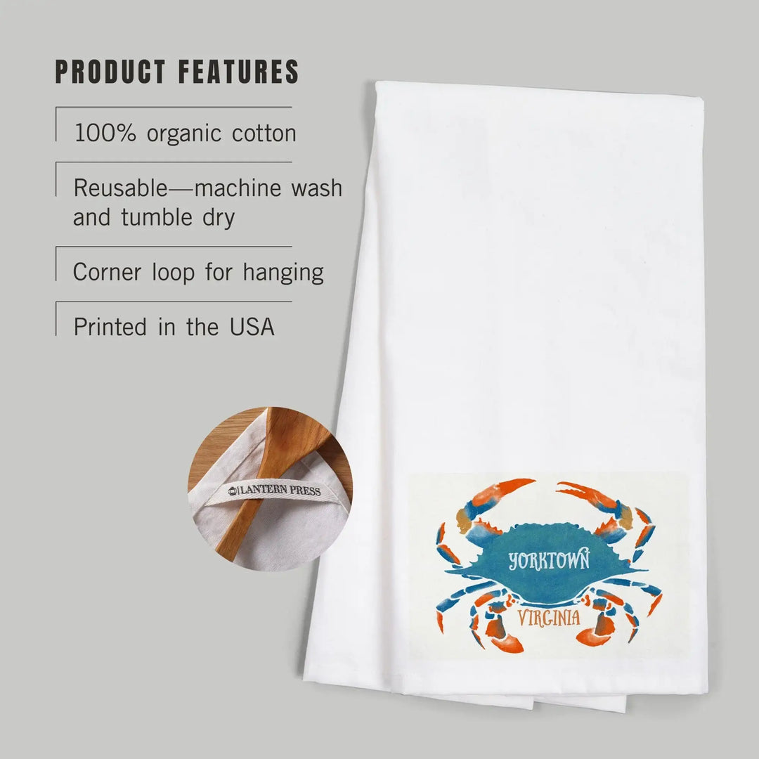 Yorktown, Virginia, Blue Crab, Watercolor, Organic Cotton Kitchen Tea Towels Kitchen Lantern Press 