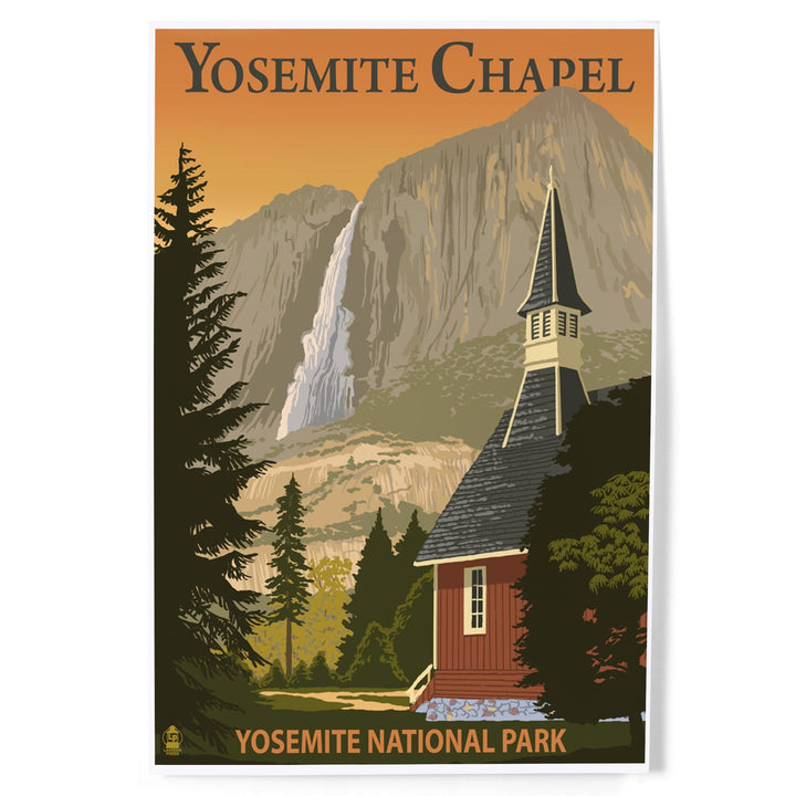 Yosemite Chapel and Yosemite Falls, California, Art & Giclee Prints Art Lantern Press 8 x 12 Art Print 