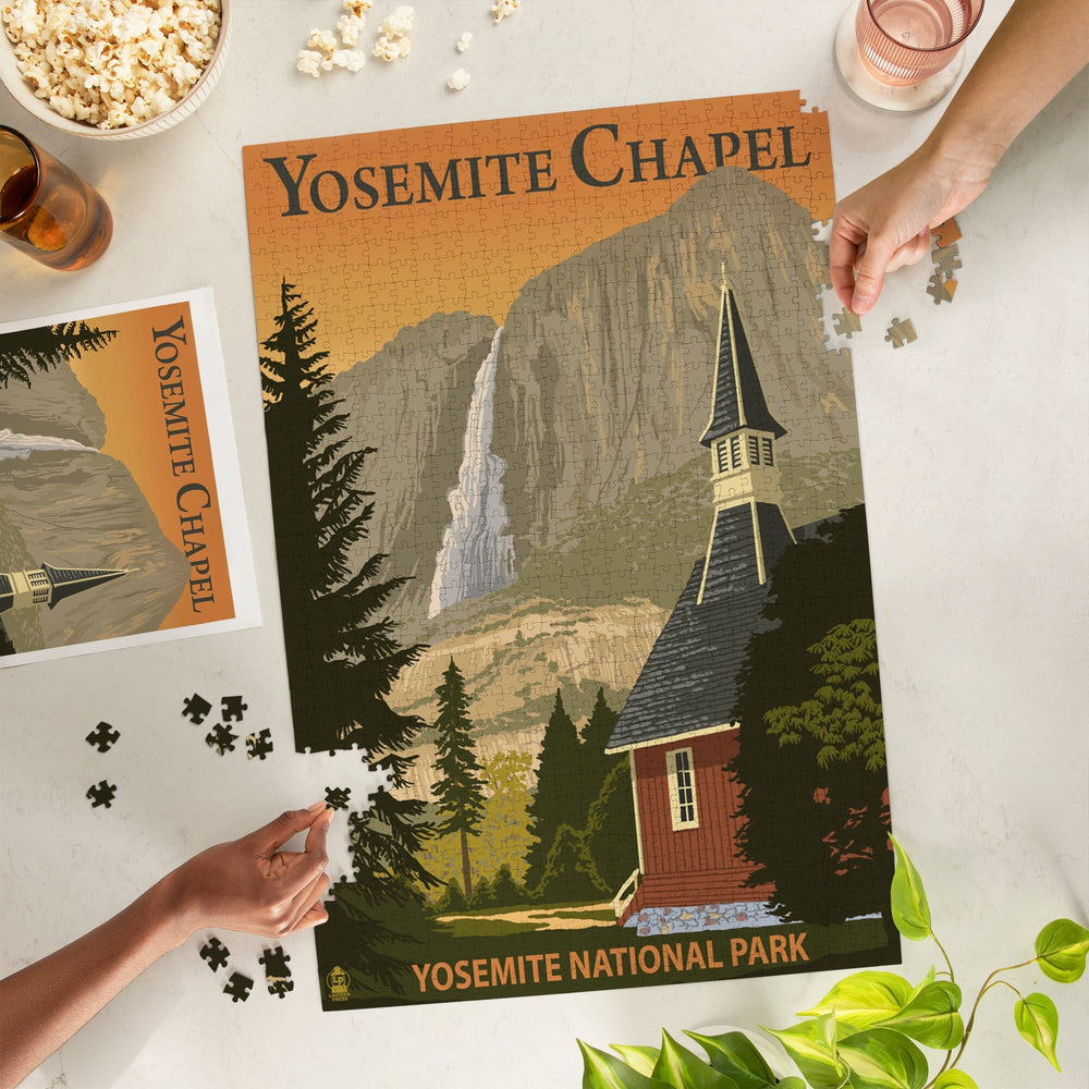 Yosemite Chapel and Yosemite Falls, California, Jigsaw Puzzle Puzzle Lantern Press 