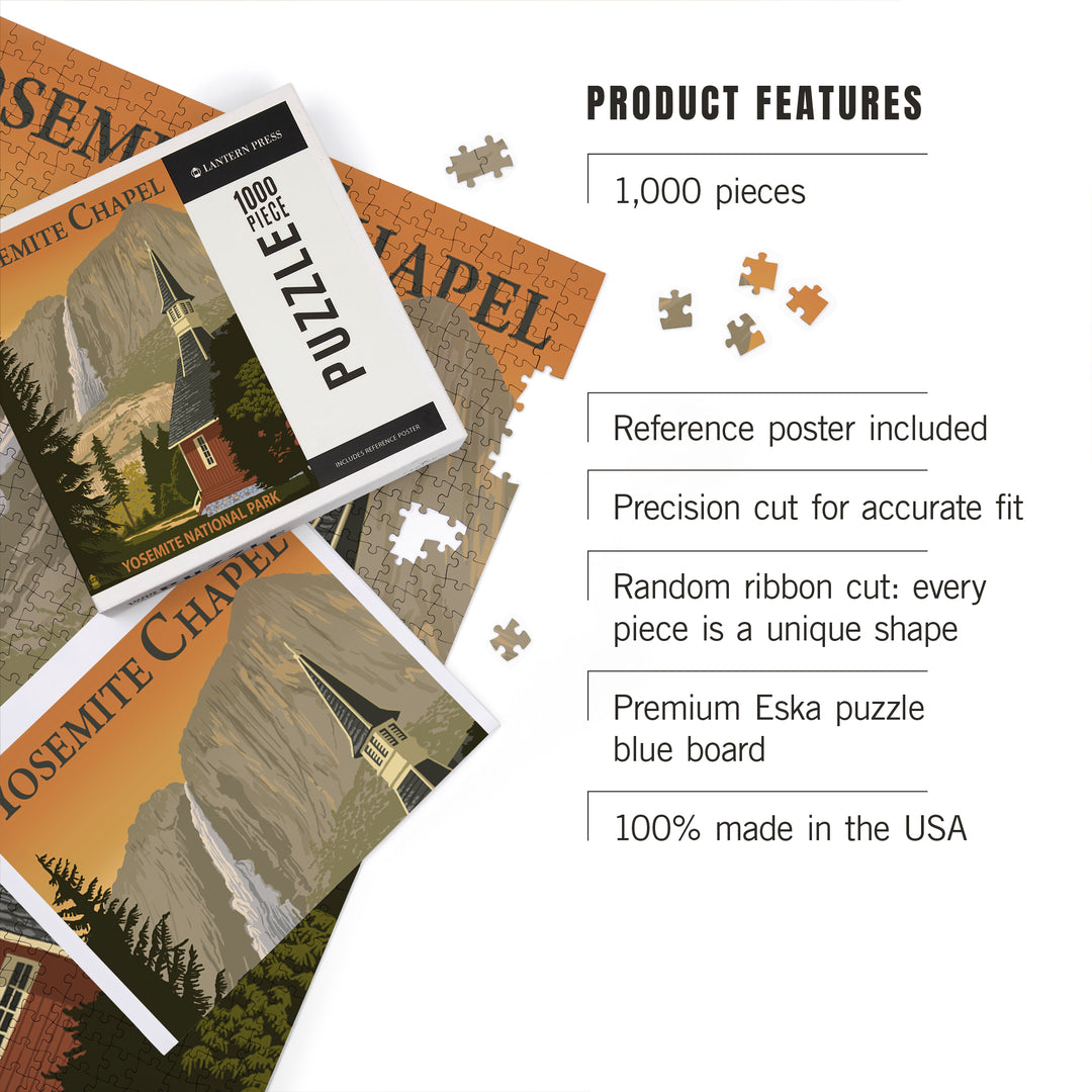 Yosemite Chapel and Yosemite Falls, California, Jigsaw Puzzle Puzzle Lantern Press 