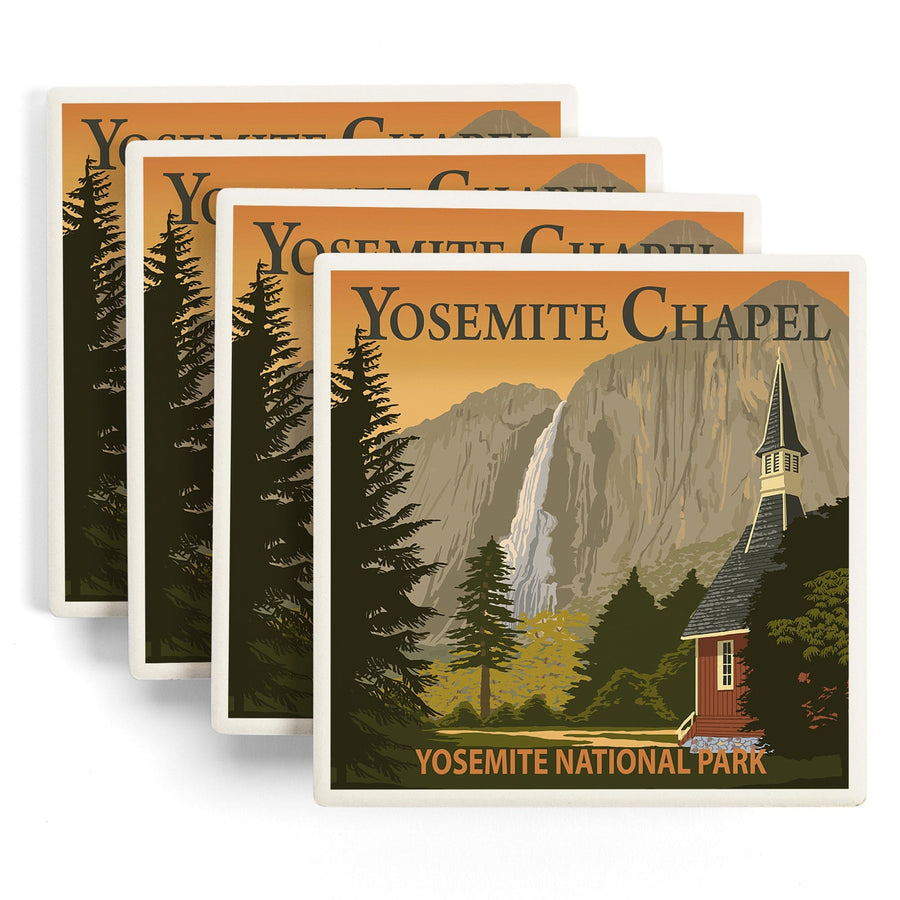 Yosemite Chapel and Yosemite Falls, California, Lantern Press Artwork, Coaster Set Coasters Lantern Press 