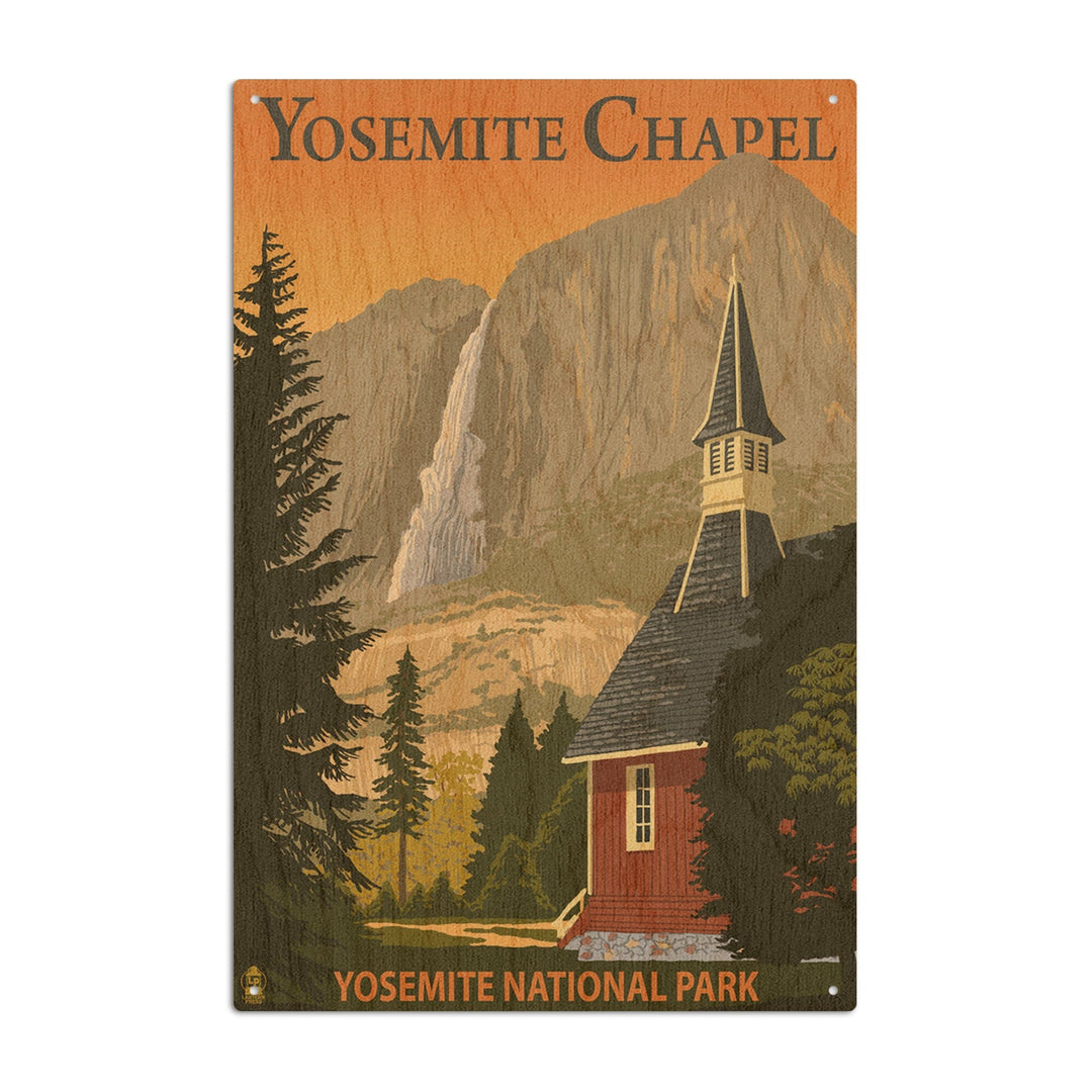 Yosemite Chapel and Yosemite Falls, California, Lantern Press Artwork, Wood Signs and Postcards Wood Lantern Press 10 x 15 Wood Sign 