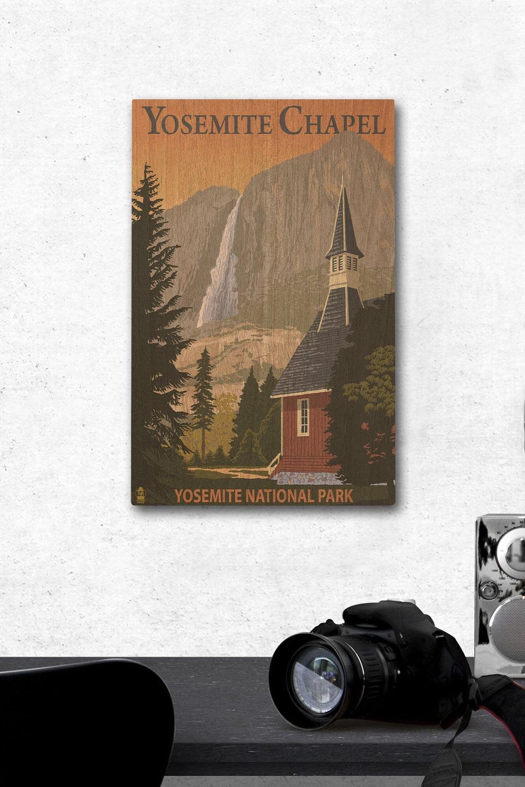 Yosemite Chapel and Yosemite Falls, California, Lantern Press Artwork, Wood Signs and Postcards Wood Lantern Press 12 x 18 Wood Gallery Print 