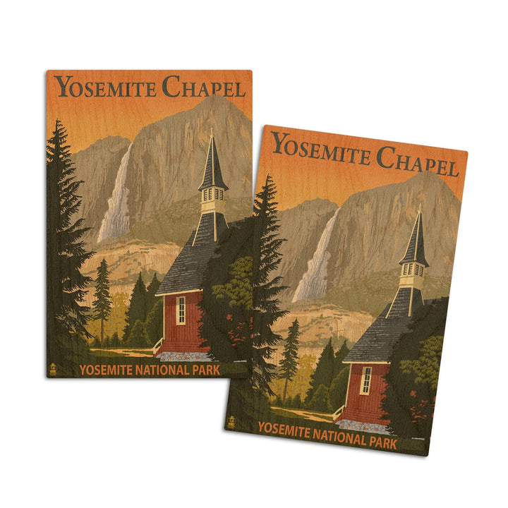 Yosemite Chapel and Yosemite Falls, California, Lantern Press Artwork, Wood Signs and Postcards Wood Lantern Press 4x6 Wood Postcard Set 
