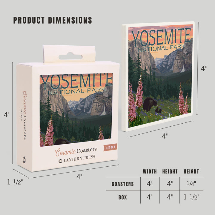 Yosemite National Park, California, Bear and Cubs with Flowers, Coasters Coasters Lantern Press 