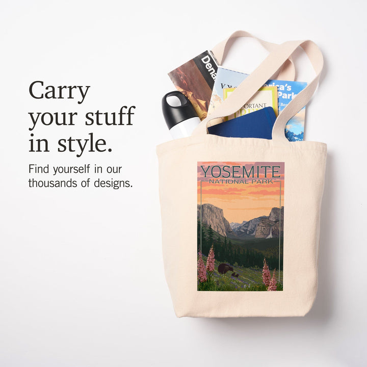 Yosemite National Park, California, Bear and Cubs with Flowers, Lantern Press Artwork, Tote Bag Totes Lantern Press 