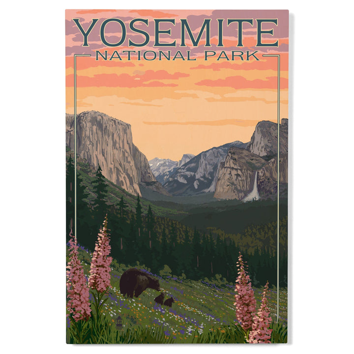 Yosemite National Park, California, Bear and Cubs with Flowers, Lantern Press Artwork, Wood Signs and Postcards Wood Lantern Press 