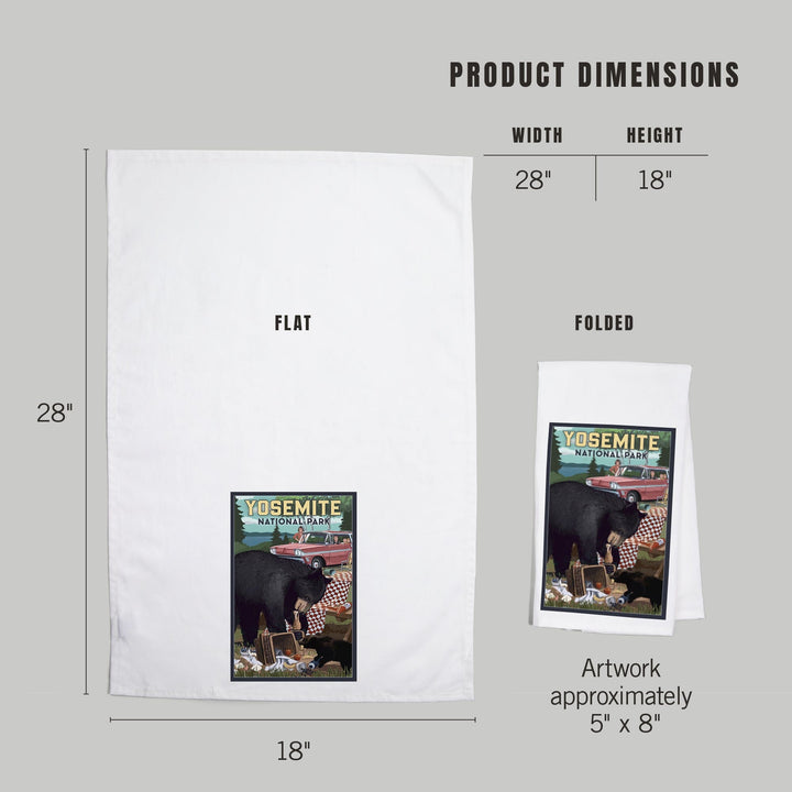 Yosemite National Park, California, Bear and Picnic Scene, Organic Cotton Kitchen Tea Towels Kitchen Lantern Press 