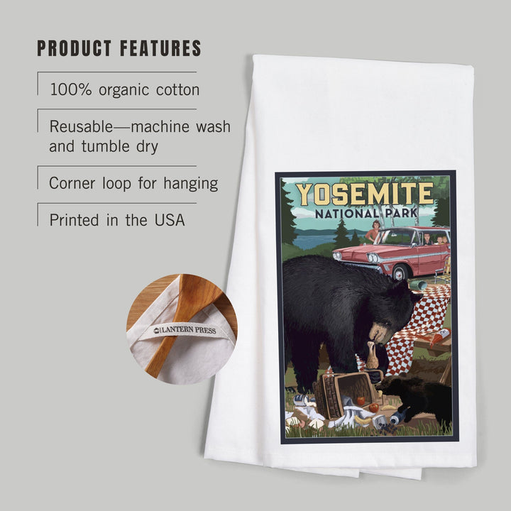 Yosemite National Park, California, Bear and Picnic Scene, Organic Cotton Kitchen Tea Towels Kitchen Lantern Press 