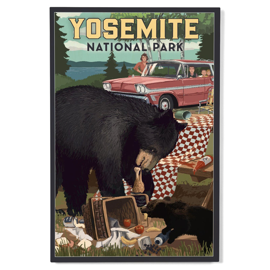 Yosemite National Park, California, Bear and Picnic Scene, Wood Signs and Postcards Wood Lantern Press 
