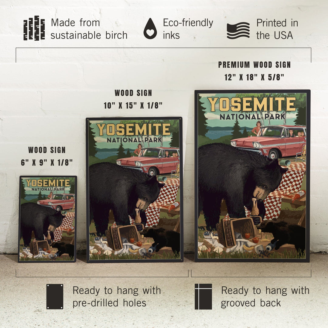 Yosemite National Park, California, Bear and Picnic Scene, Wood Signs and Postcards Wood Lantern Press 
