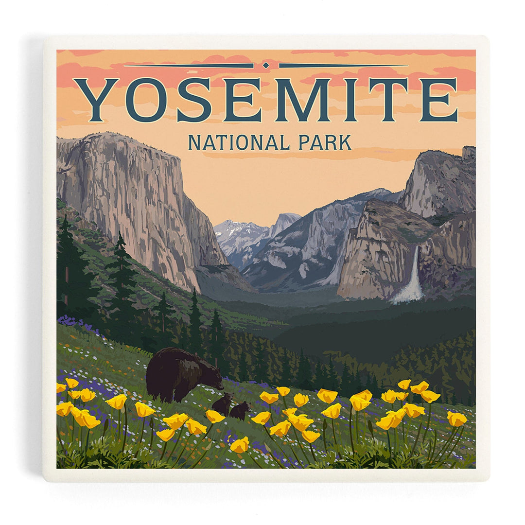 Yosemite National Park, California, Bears and Spring Flowers Poppies, Coasters Coasters Lantern Press 