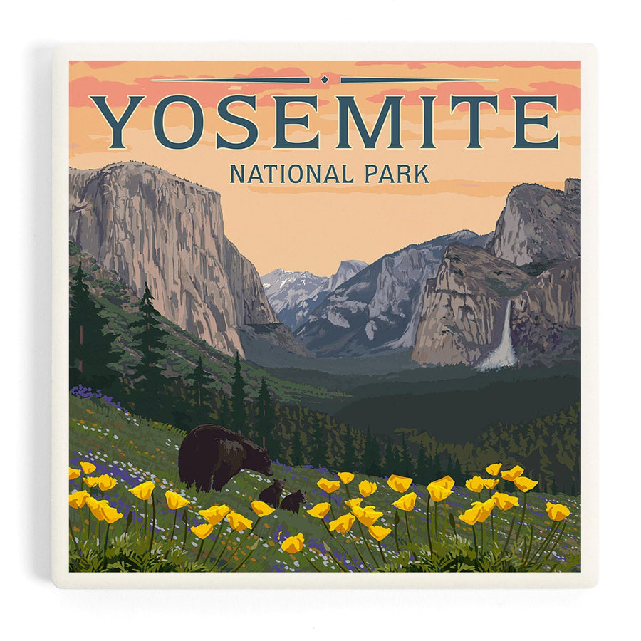 Yosemite National Park, California, Bears and Spring Flowers Poppies, Coasters Coasters Lantern Press 