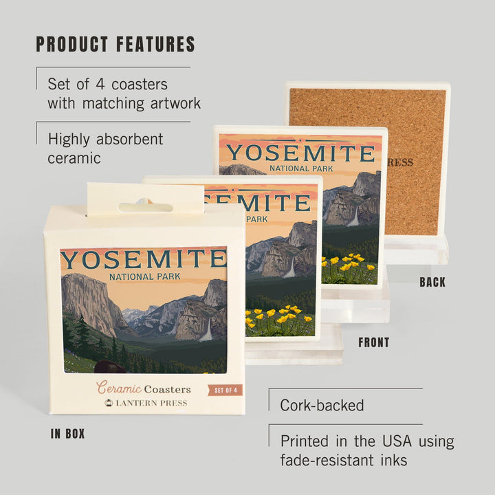 Yosemite National Park, California, Bears and Spring Flowers Poppies, Coasters Coasters Lantern Press 