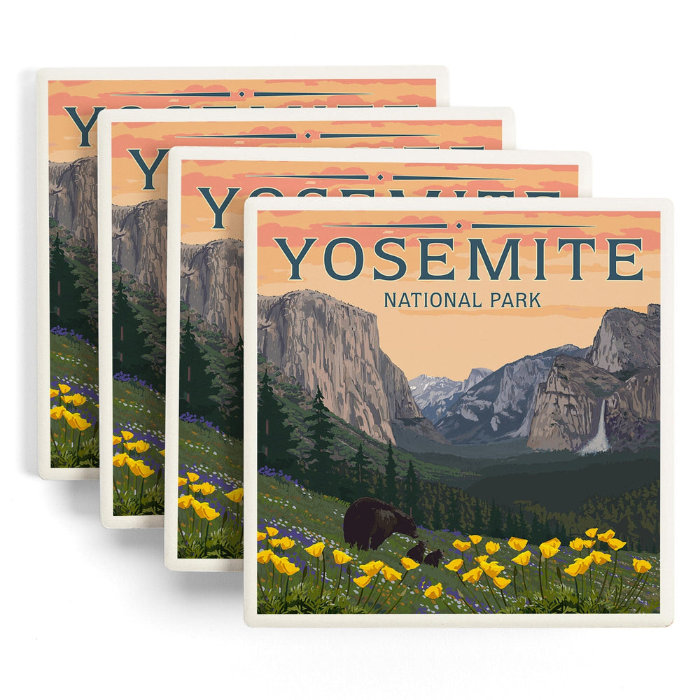 Yosemite National Park, California, Bears and Spring Flowers Poppies, Coasters Coasters Lantern Press 