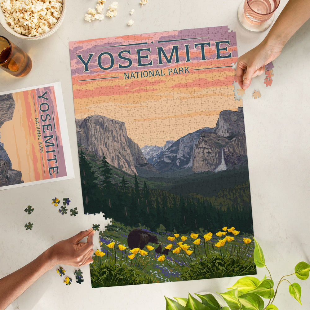 Yosemite National Park, California, Bears and Spring Flowers Poppies, Jigsaw Puzzle Puzzle Lantern Press 