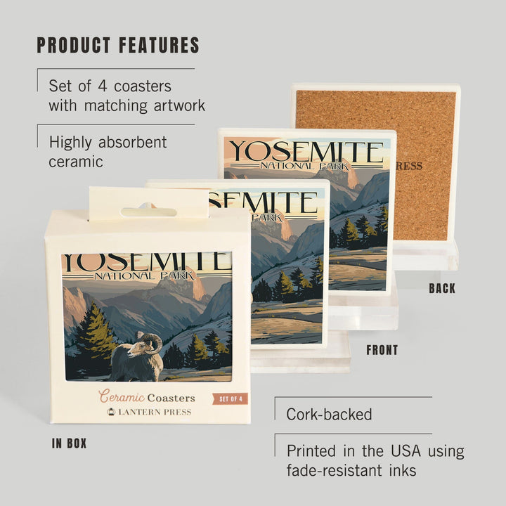 Yosemite National Park, California, Big Horn Sheep, Coasters Coasters Lantern Press 