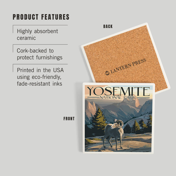 Yosemite National Park, California, Big Horn Sheep, Coasters Coasters Lantern Press 