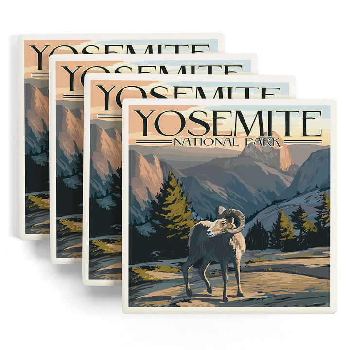 Yosemite National Park, California, Big Horn Sheep, Lantern Press Artwork, Coaster Set Coasters Lantern Press 