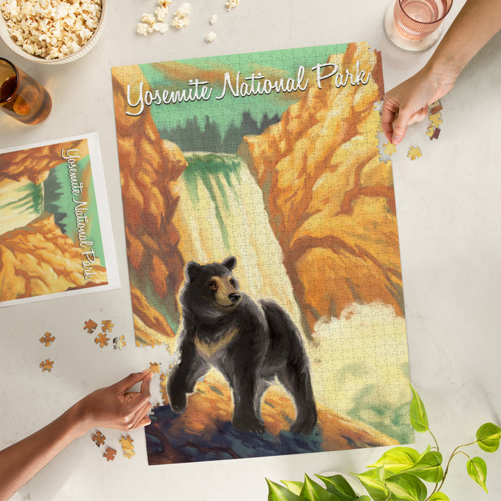 Yosemite National Park, California, Black Bear, Falls, Oil Painting, Jigsaw Puzzle Puzzle Lantern Press 