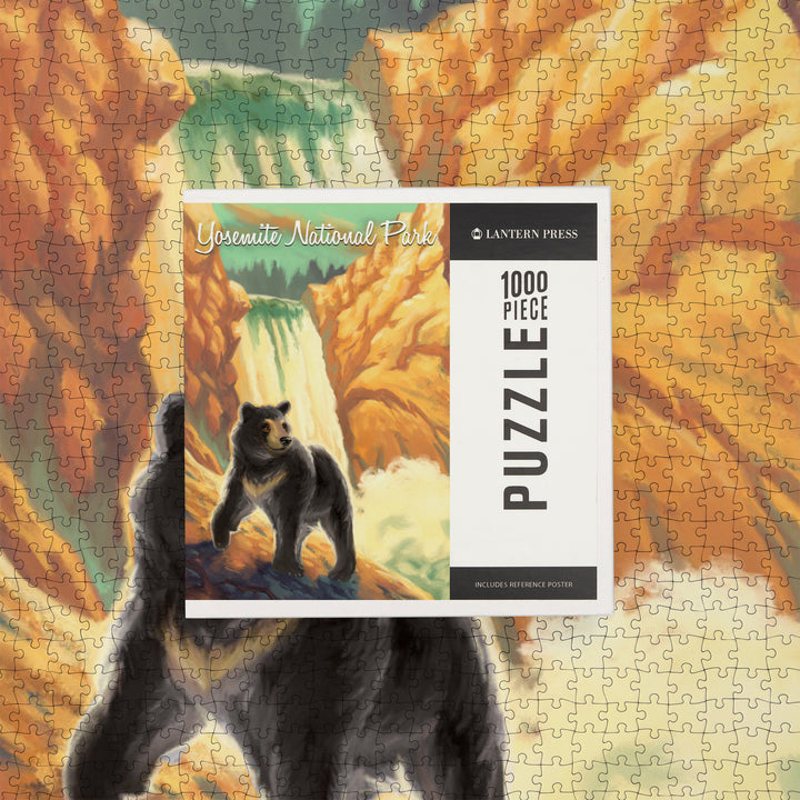 Yosemite National Park, California, Black Bear, Falls, Oil Painting, Jigsaw Puzzle Puzzle Lantern Press 