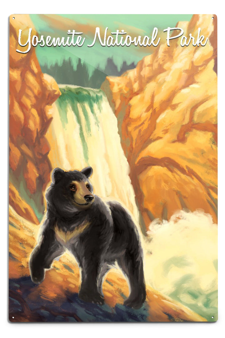 Yosemite National Park, California, Black Bear, Falls, Oil Painting, Metal Signs Metal Lantern Press 12x18 Metal Sign 