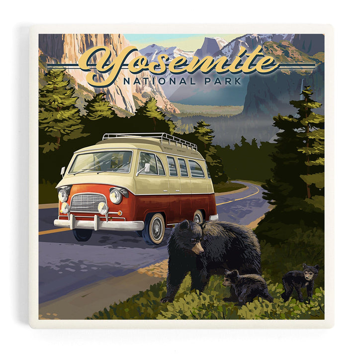 Yosemite National Park, California, Camper Van and Wildlife, Coasters Coasters Lantern Press 