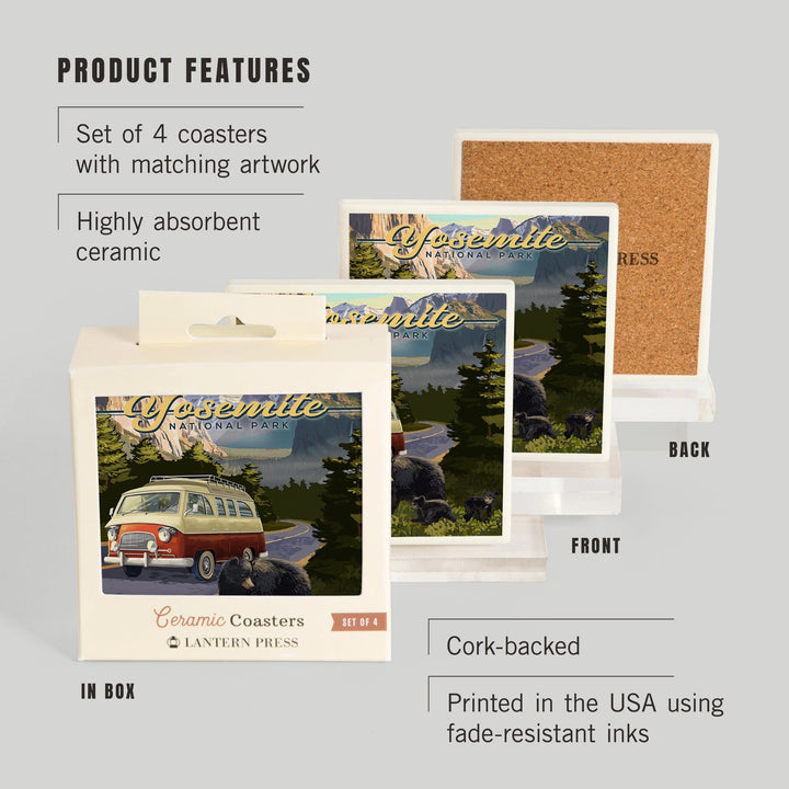 Yosemite National Park, California, Camper Van and Wildlife, Coasters Coasters Lantern Press 